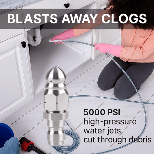 Tornado Pipe 30 high-pressure solution blasting away clogs with 5000 PSI water jets in action