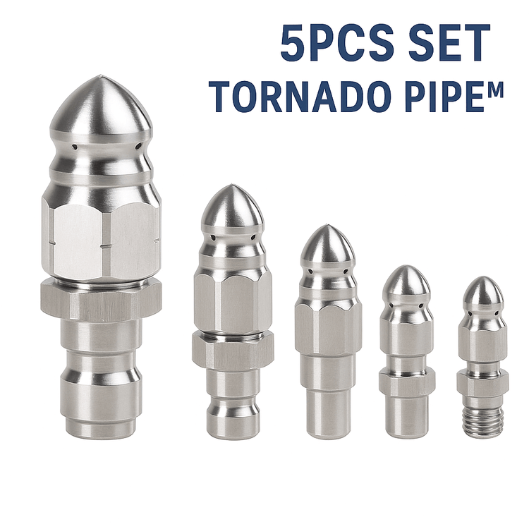 5 piece set of Tornado Pipe connectors in stainless steel, designed for high-pressure applications.