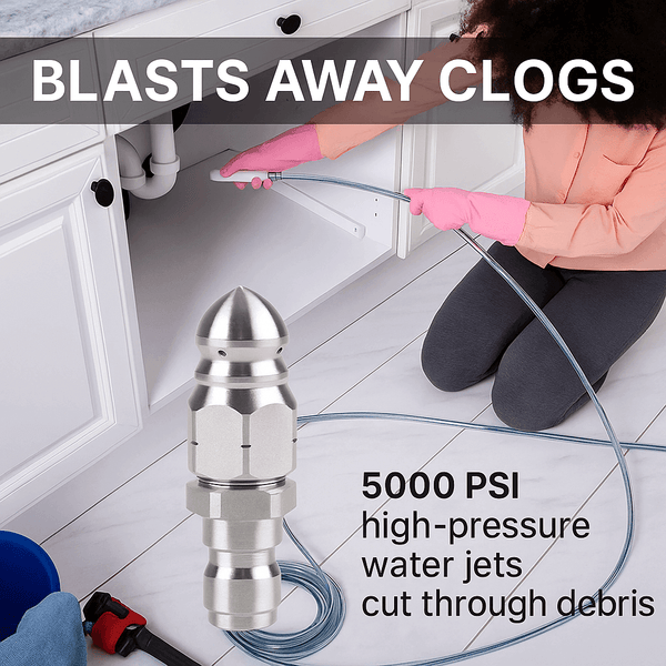 Tornado Pipe 30 high-pressure solution blasting away clogs with 5000 PSI water jets in action