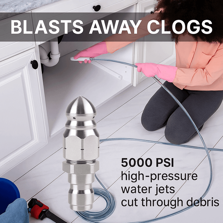 Tornado Pipe 30 high-pressure solution blasting away clogs with 5000 PSI water jets in action