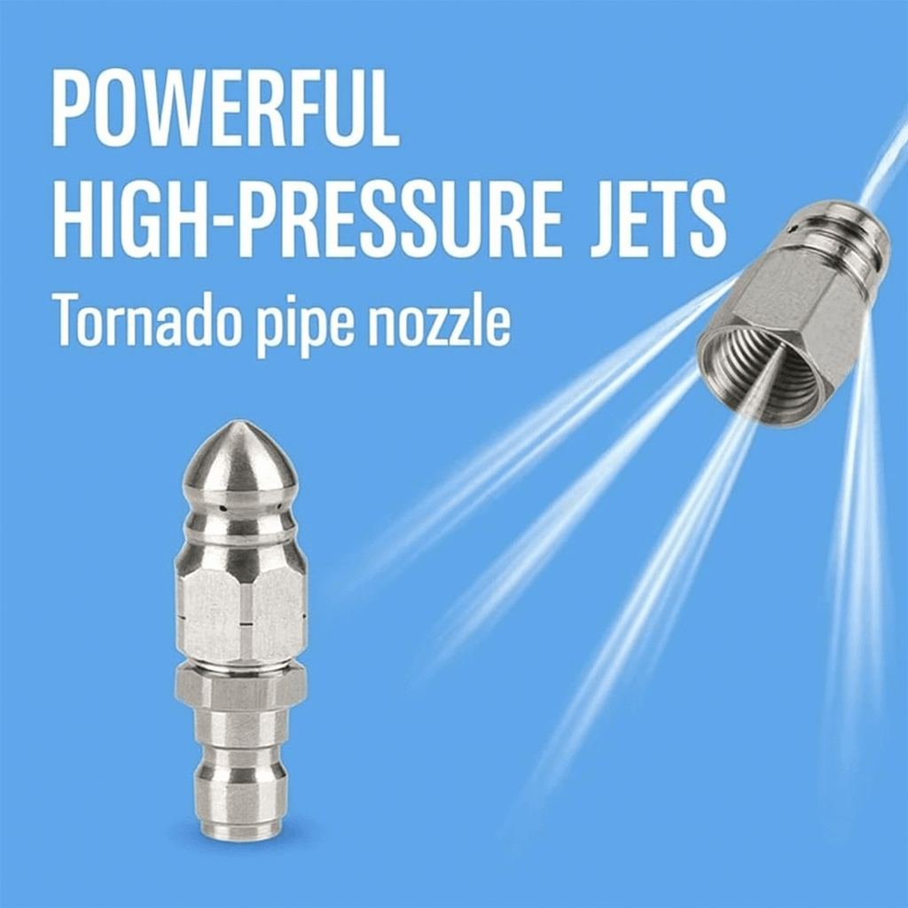 Tornado Pipe nozzle with powerful high-pressure jets designed for efficient flow and performance.